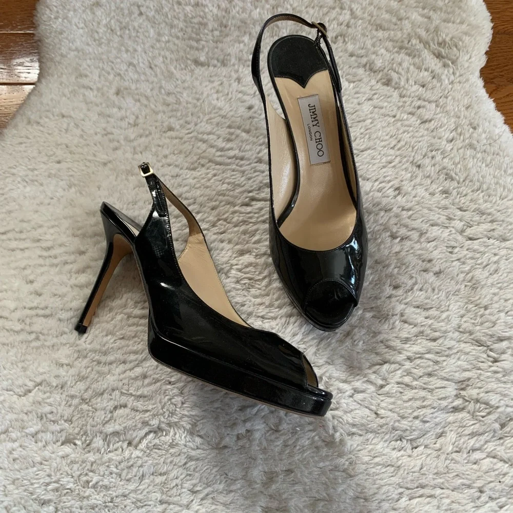 Jimmy Choo Black Nova Peep Toe Slingback Patent Heels - Picture 11 of 15